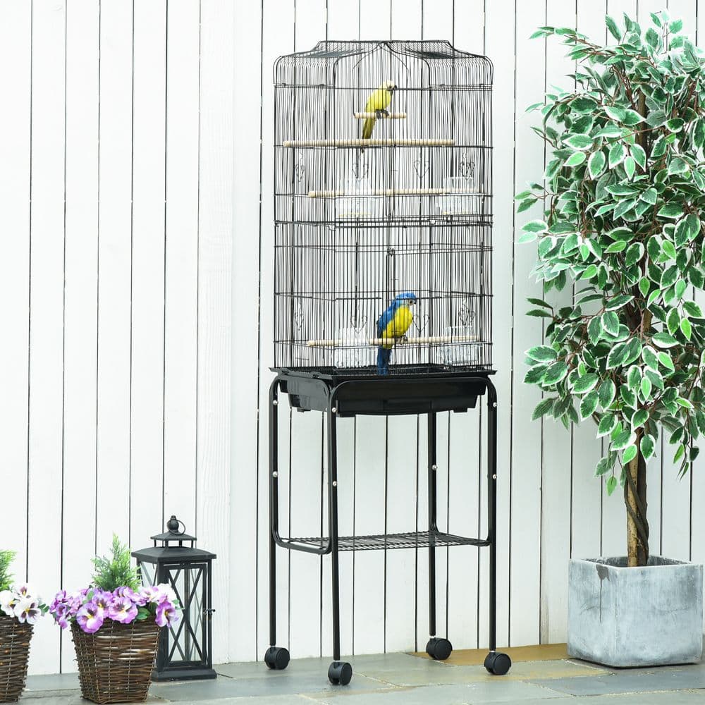 image-Bird Cage Metal Budgie Cages W/ Rolling Stand Slide-out Tray Storage Shelf Black