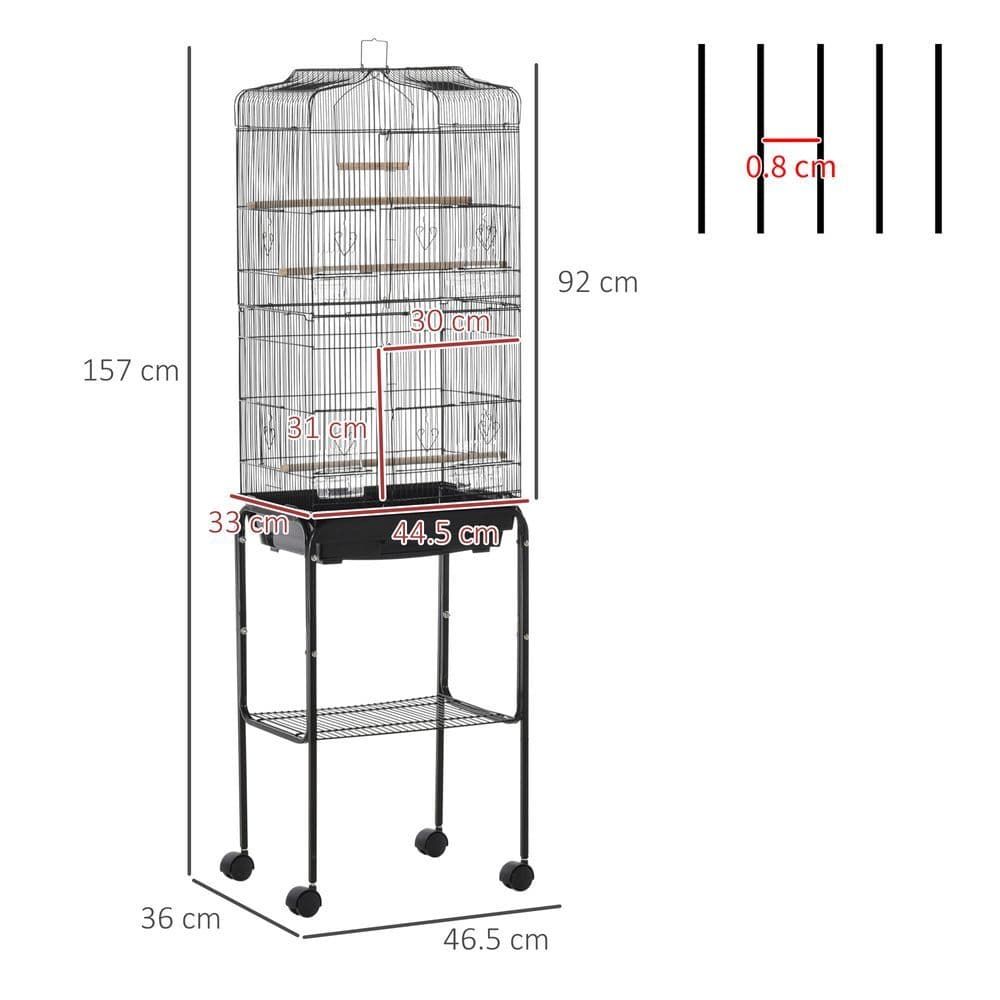 image-Bird Cage Metal Budgie Cages W/ Rolling Stand Slide-out Tray Storage Shelf Black