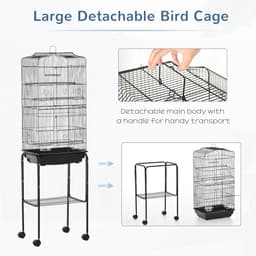 image-Bird Cage Metal Budgie Cages W/ Rolling Stand Slide-out Tray Storage Shelf Black