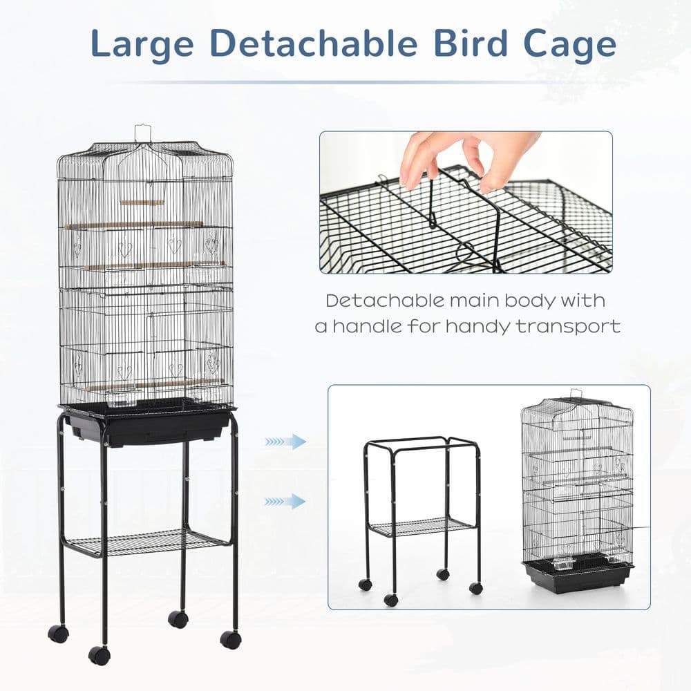image-Bird Cage Metal Budgie Cages W/ Rolling Stand Slide-out Tray Storage Shelf Black