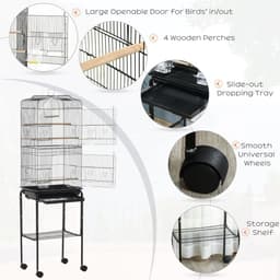 image-Bird Cage Metal Budgie Cages W/ Rolling Stand Slide-out Tray Storage Shelf Black
