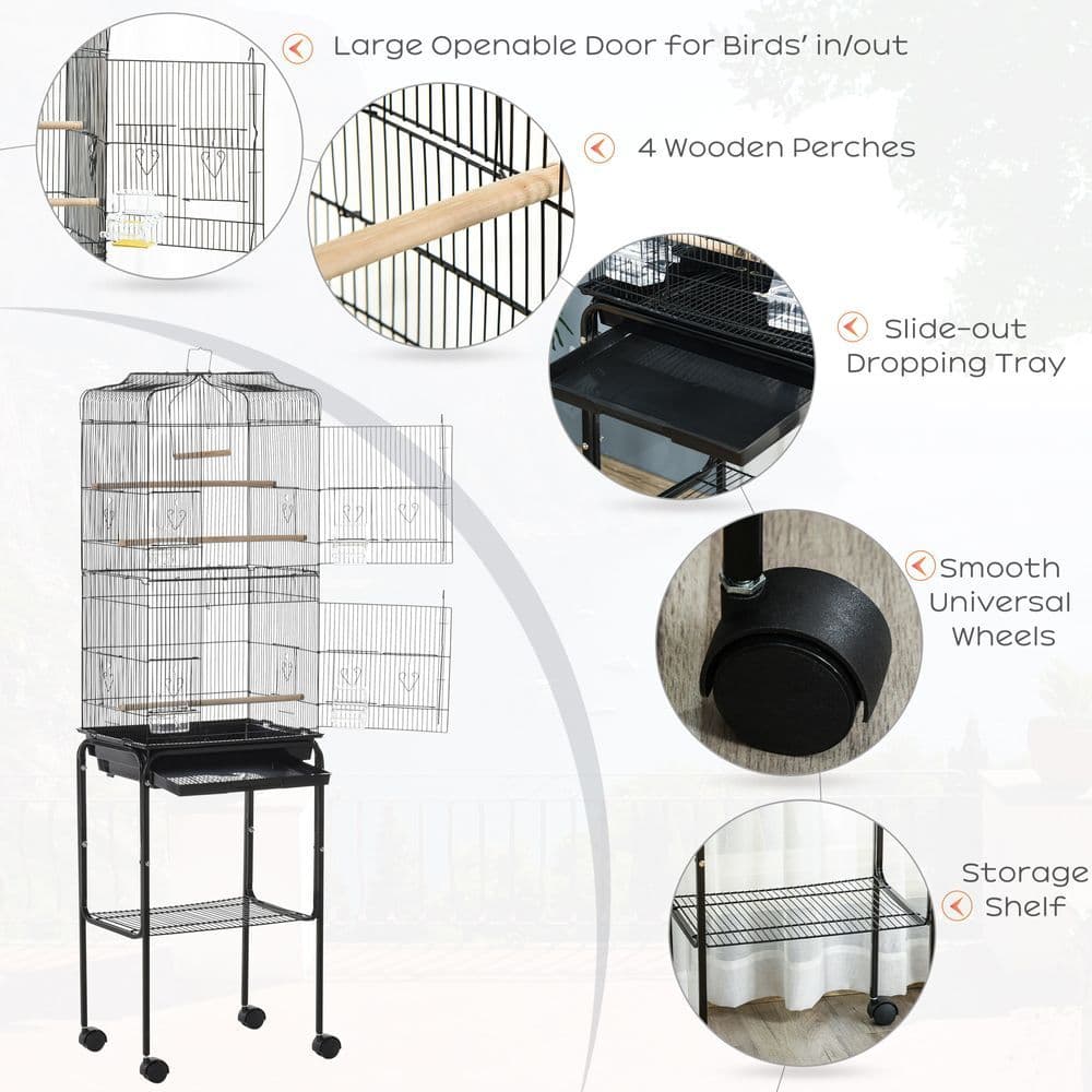 image-Bird Cage Metal Budgie Cages W/ Rolling Stand Slide-out Tray Storage Shelf Black
