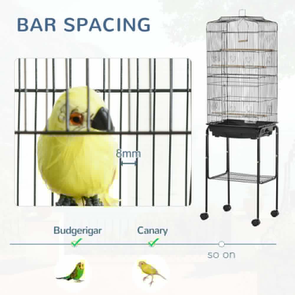 image-Bird Cage Metal Budgie Cages W/ Rolling Stand Slide-out Tray Storage Shelf Black
