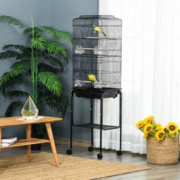 image-Bird Cage Metal Budgie Cages W/ Rolling Stand Slide-out Tray Storage Shelf Black