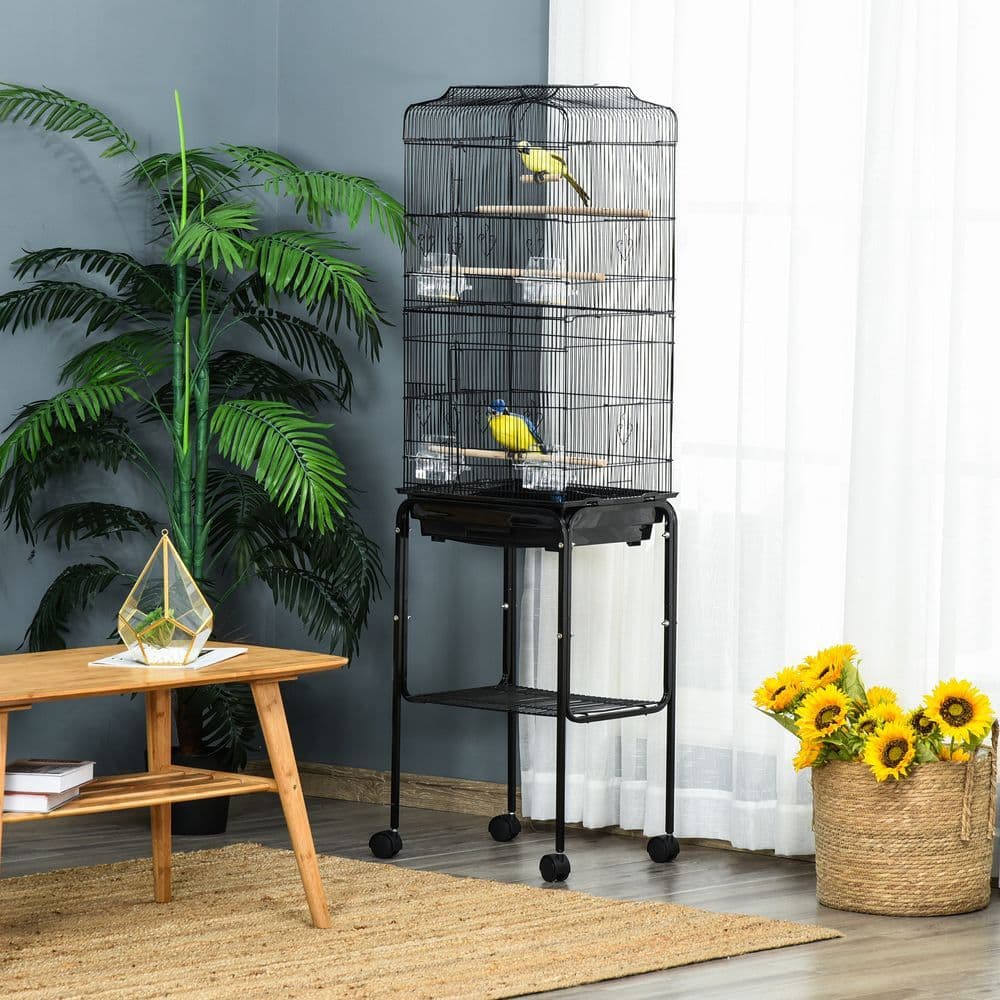 image-Bird Cage Metal Budgie Cages W/ Rolling Stand Slide-out Tray Storage Shelf Black