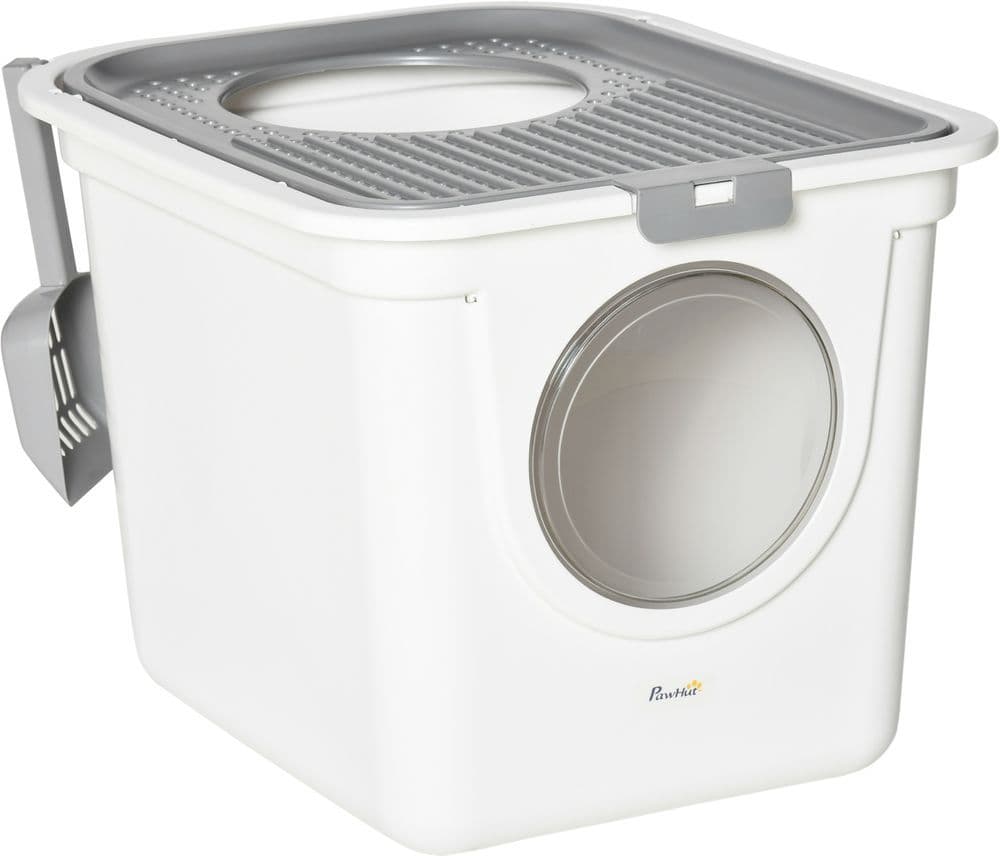 image-Cat Litter Tray Pet Litter Box Toilet w/ Front Entrance, Top Exit, Scoop - White