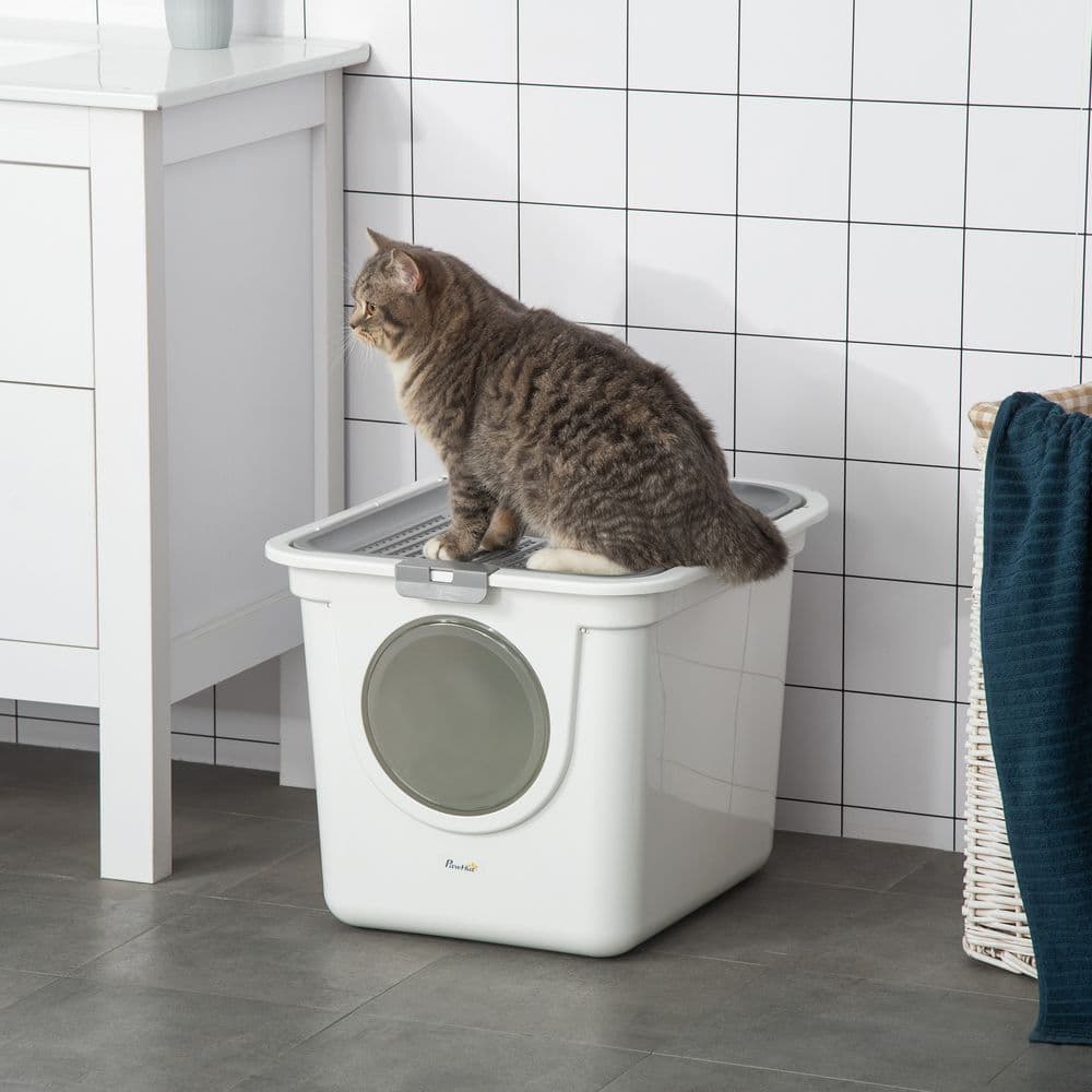 image-Cat Litter Tray Pet Litter Box Toilet w/ Front Entrance, Top Exit, Scoop - White