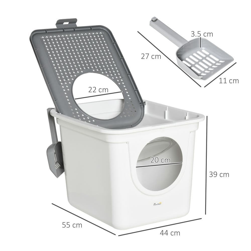 image-Cat Litter Tray Pet Litter Box Toilet w/ Front Entrance, Top Exit, Scoop - White