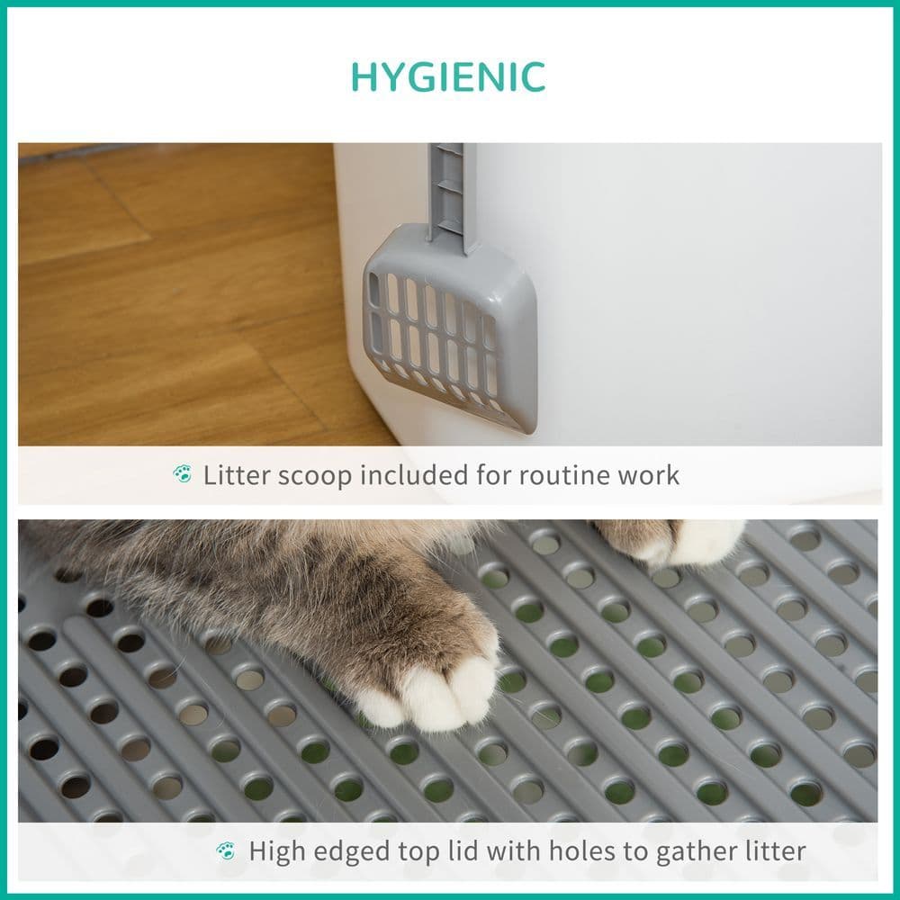 image-Cat Litter Tray Pet Litter Box Toilet w/ Front Entrance, Top Exit, Scoop - White