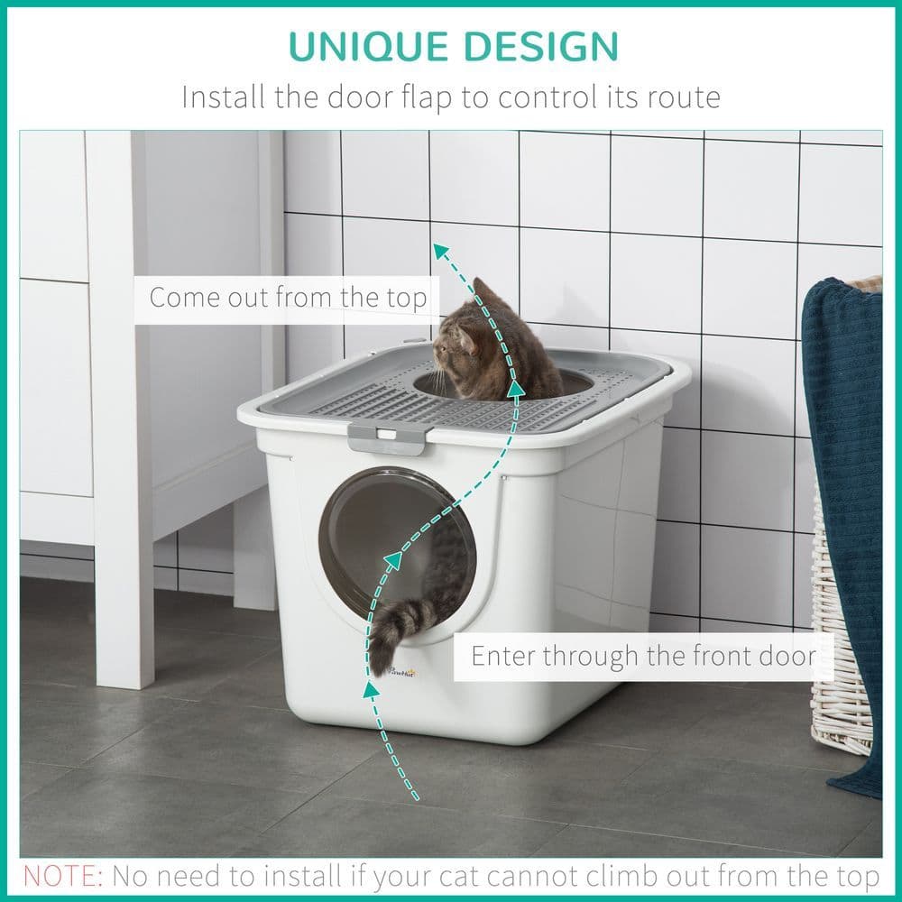 image-Cat Litter Tray Pet Litter Box Toilet w/ Front Entrance, Top Exit, Scoop - White