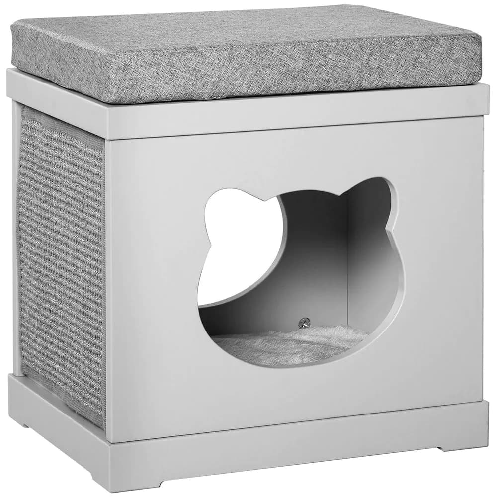 image-Cat House Bed Kitten Cave Cube Indoor w/ Soft Cushion Sisal Scratching Pad, Grey
