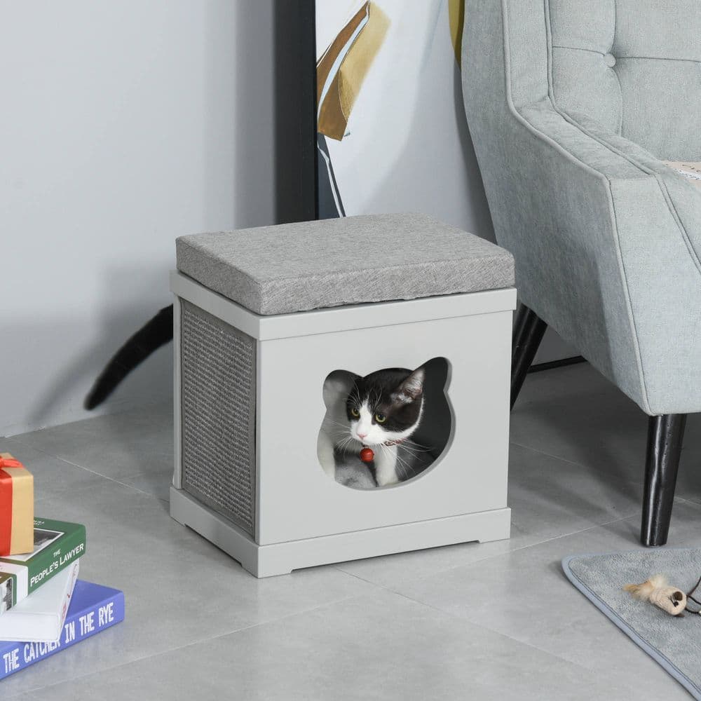 image-Cat House Bed Kitten Cave Cube Indoor w/ Soft Cushion Sisal Scratching Pad, Grey