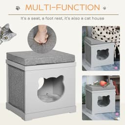 image-Cat House Bed Kitten Cave Cube Indoor w/ Soft Cushion Sisal Scratching Pad, Grey