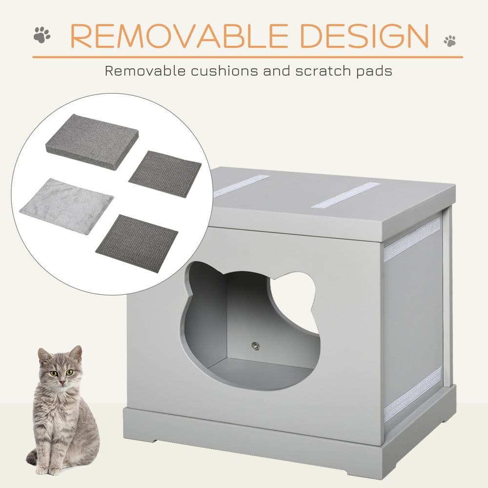 image-Cat House Bed Kitten Cave Cube Indoor w/ Soft Cushion Sisal Scratching Pad, Grey