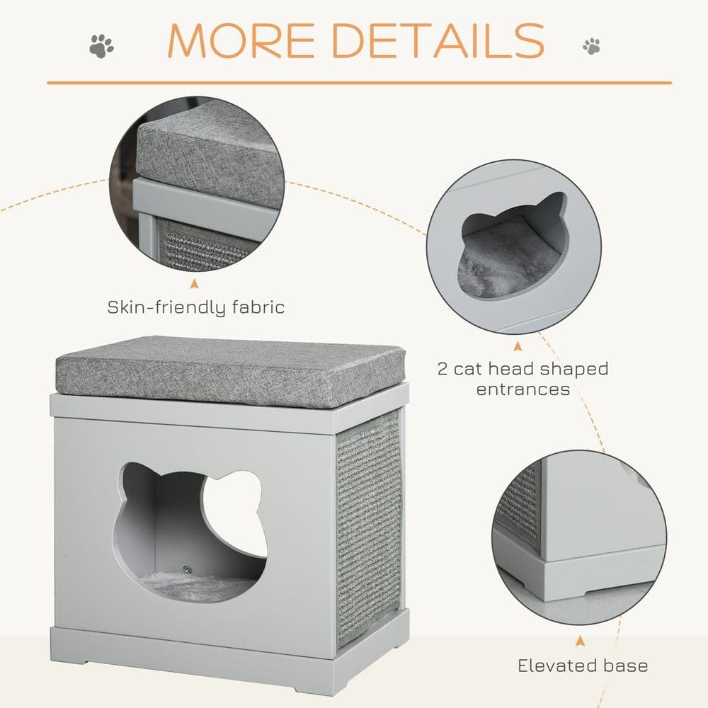 image-Cat House Bed Kitten Cave Cube Indoor w/ Soft Cushion Sisal Scratching Pad, Grey