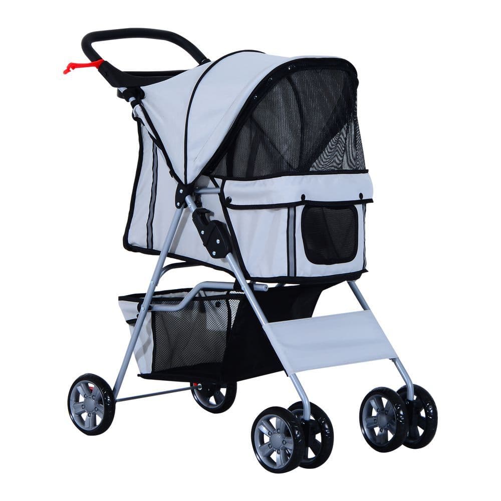 image-Pet Stroller Cat Dog Basket Zipper Entry Fold Cup Holder Carrier Cart Grey