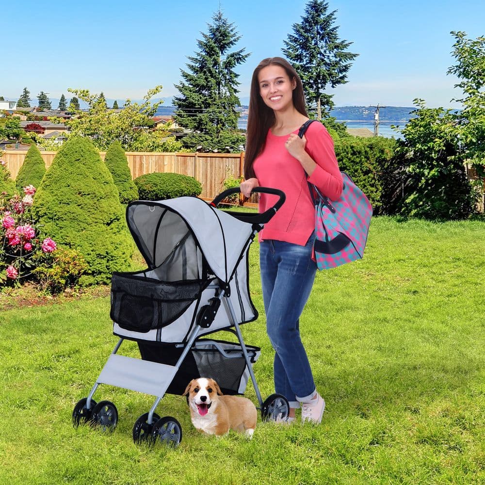image-Pet Stroller Cat Dog Basket Zipper Entry Fold Cup Holder Carrier Cart Grey