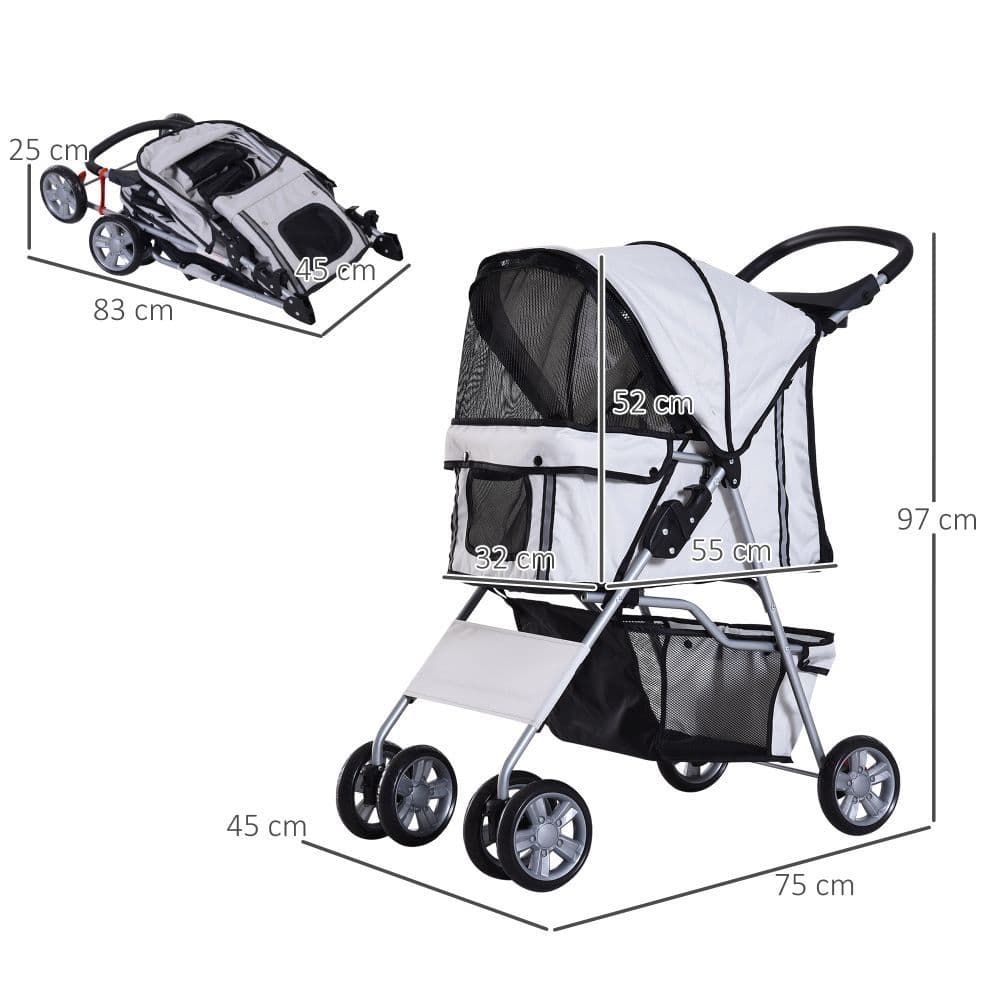 image-Pet Stroller Cat Dog Basket Zipper Entry Fold Cup Holder Carrier Cart Grey