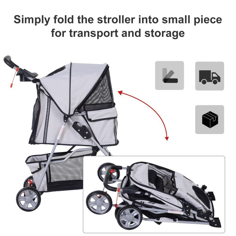 image-Pet Stroller Cat Dog Basket Zipper Entry Fold Cup Holder Carrier Cart Grey