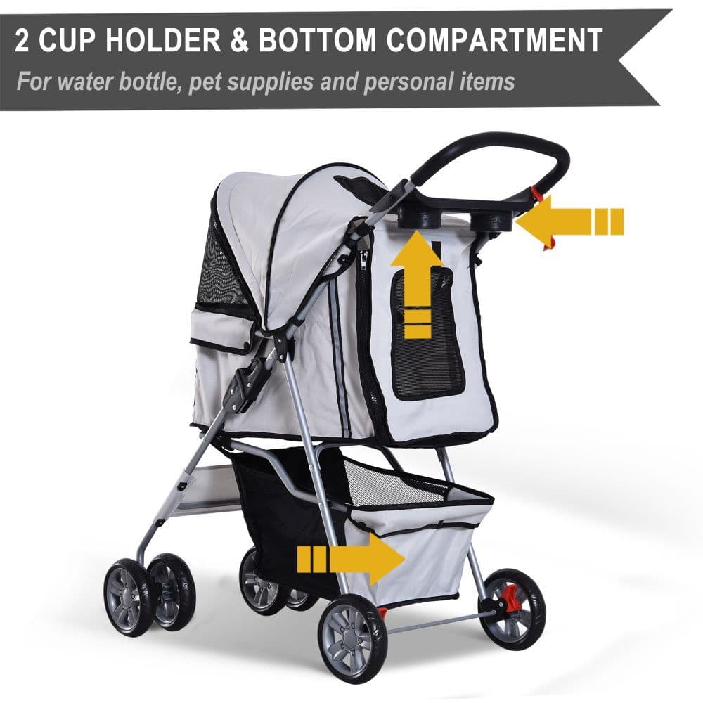 image-Pet Stroller Cat Dog Basket Zipper Entry Fold Cup Holder Carrier Cart Grey