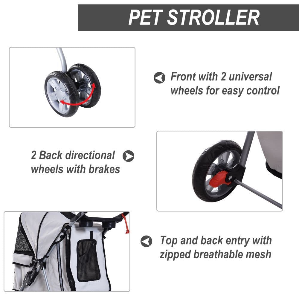 image-Pet Stroller Cat Dog Basket Zipper Entry Fold Cup Holder Carrier Cart Grey
