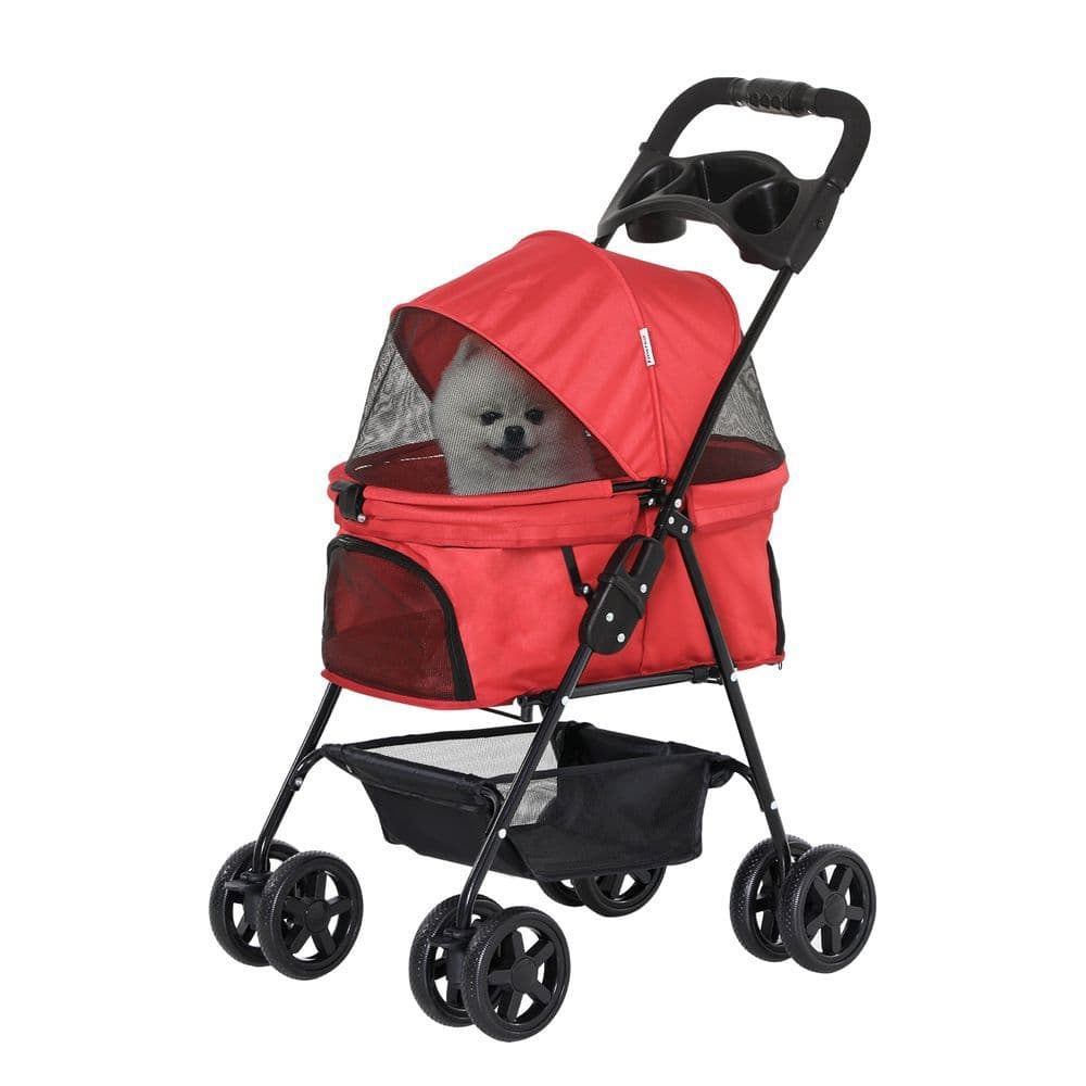 image-Pet Stroller No-Zip Foldable Travel Carriage with Brake Basket Adjustable Canopy