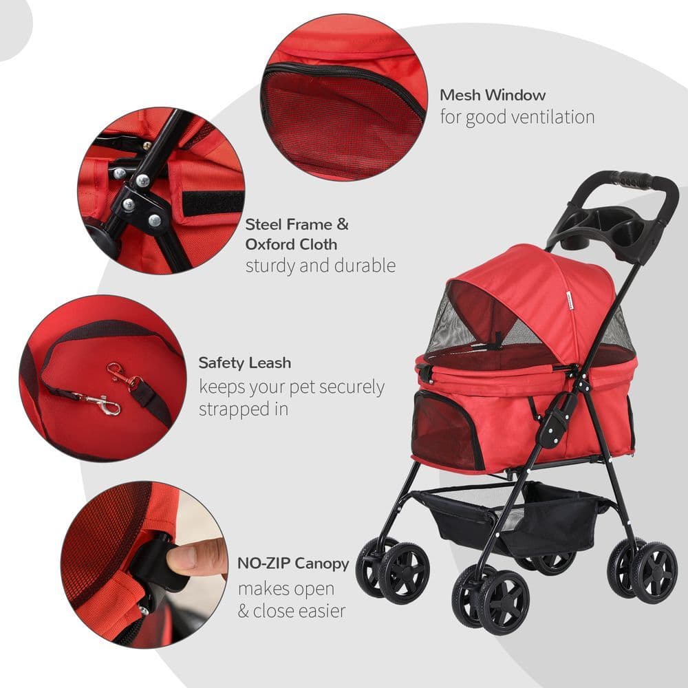 image-Pet Stroller No-Zip Foldable Travel Carriage with Brake Basket Adjustable Canopy