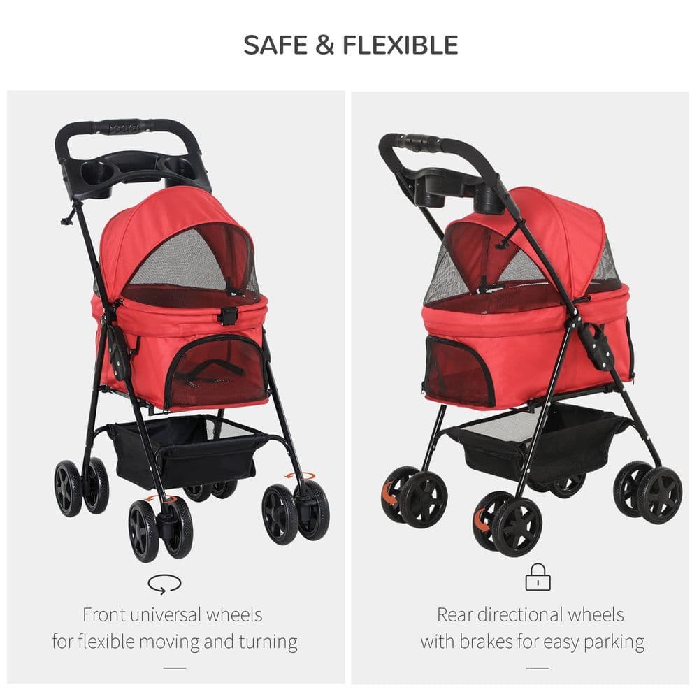 image-Pet Stroller No-Zip Foldable Travel Carriage with Brake Basket Adjustable Canopy