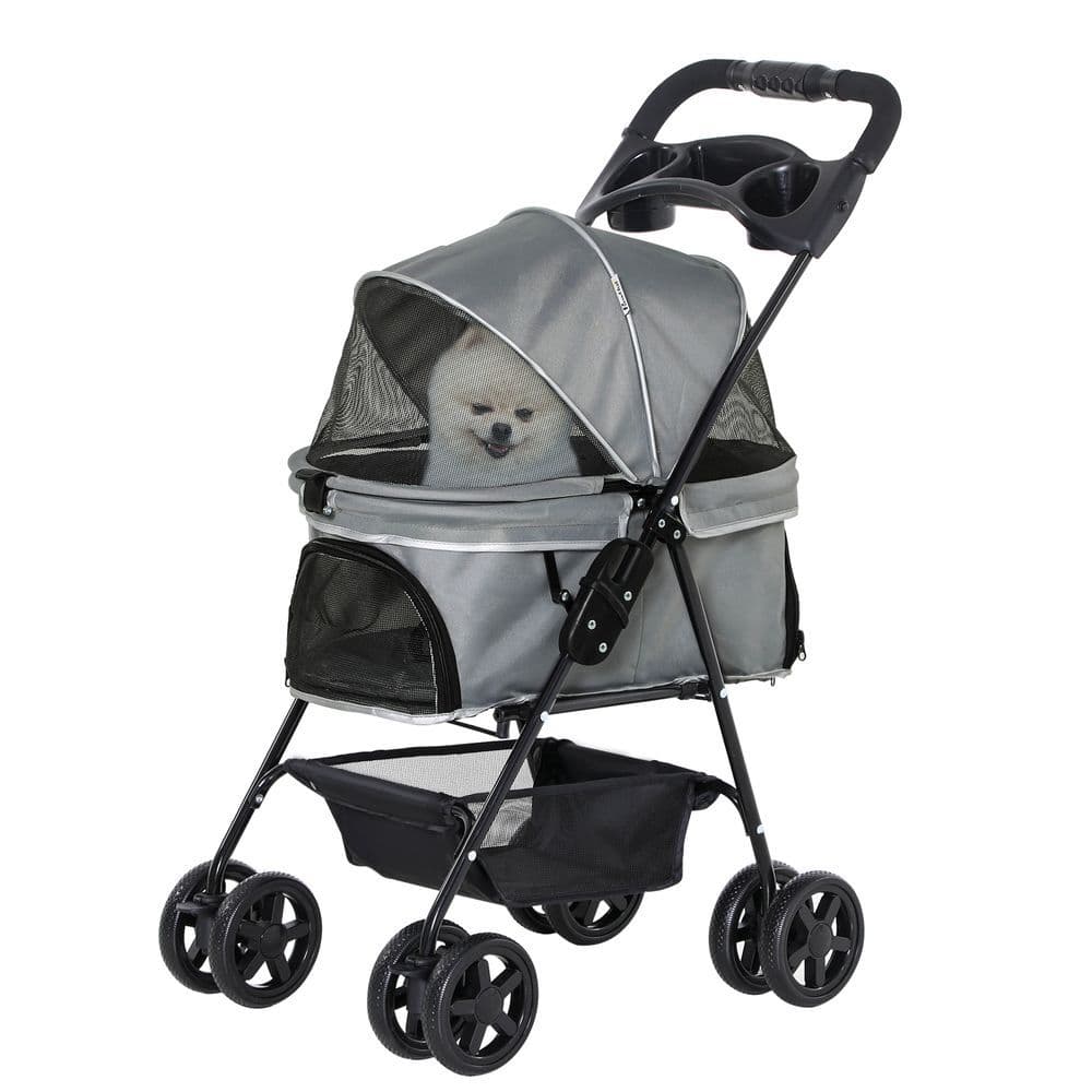image-Pet Stroller No-Zip Foldable Travel Carriage with Brake Basket Adjustable Canopy