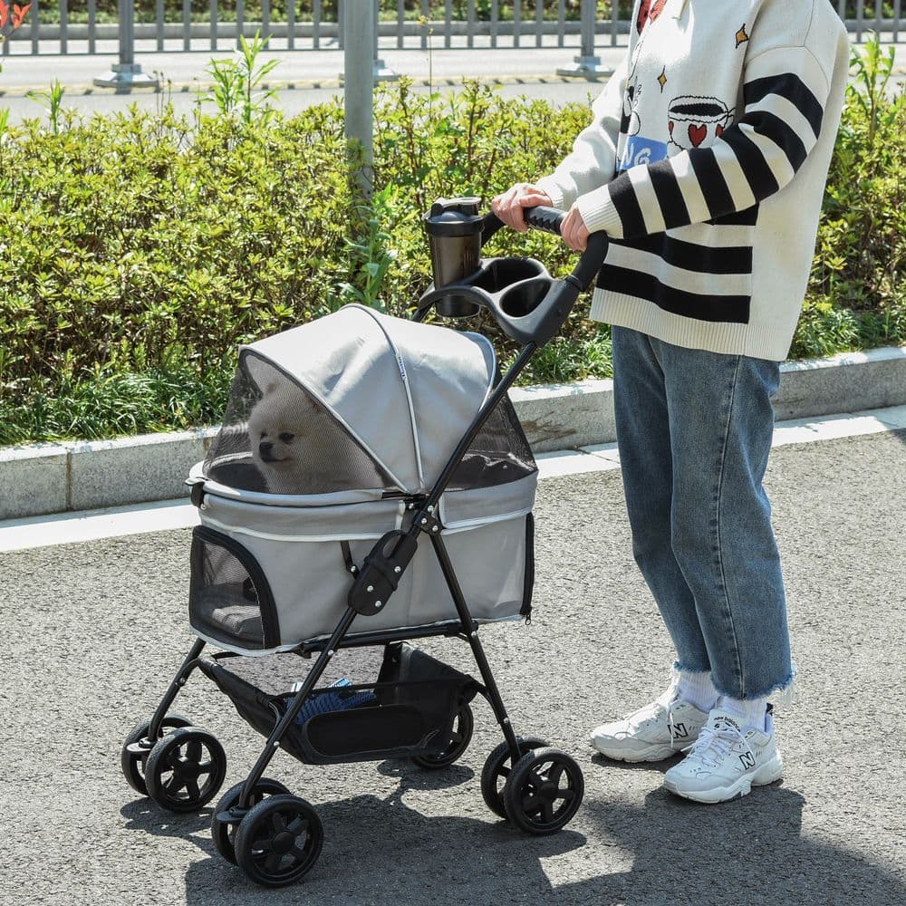 image-Pet Stroller No-Zip Foldable Travel Carriage with Brake Basket Adjustable Canopy