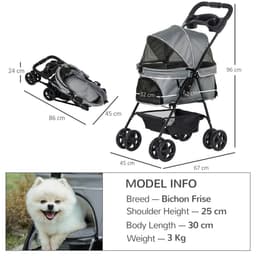 image-Pet Stroller No-Zip Foldable Travel Carriage with Brake Basket Adjustable Canopy