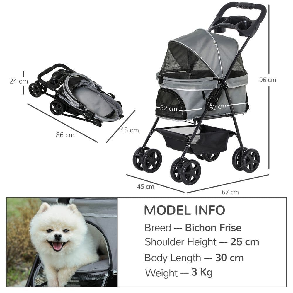 image-Pet Stroller No-Zip Foldable Travel Carriage with Brake Basket Adjustable Canopy