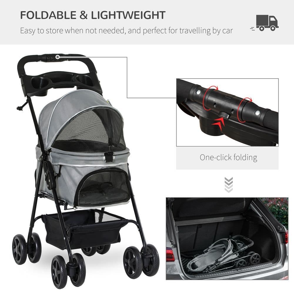 image-Pet Stroller No-Zip Foldable Travel Carriage with Brake Basket Adjustable Canopy
