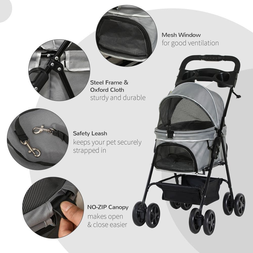 image-Pet Stroller No-Zip Foldable Travel Carriage with Brake Basket Adjustable Canopy
