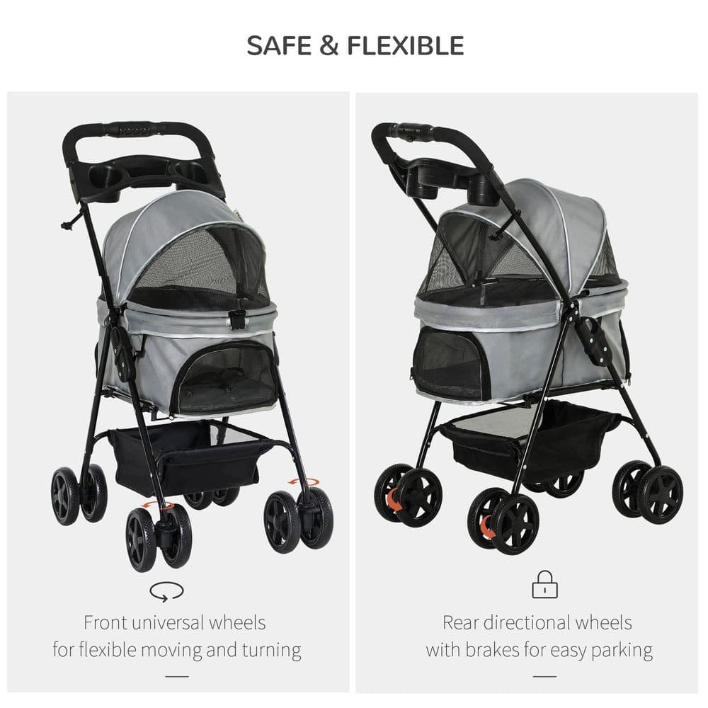 image-Pet Stroller No-Zip Foldable Travel Carriage with Brake Basket Adjustable Canopy
