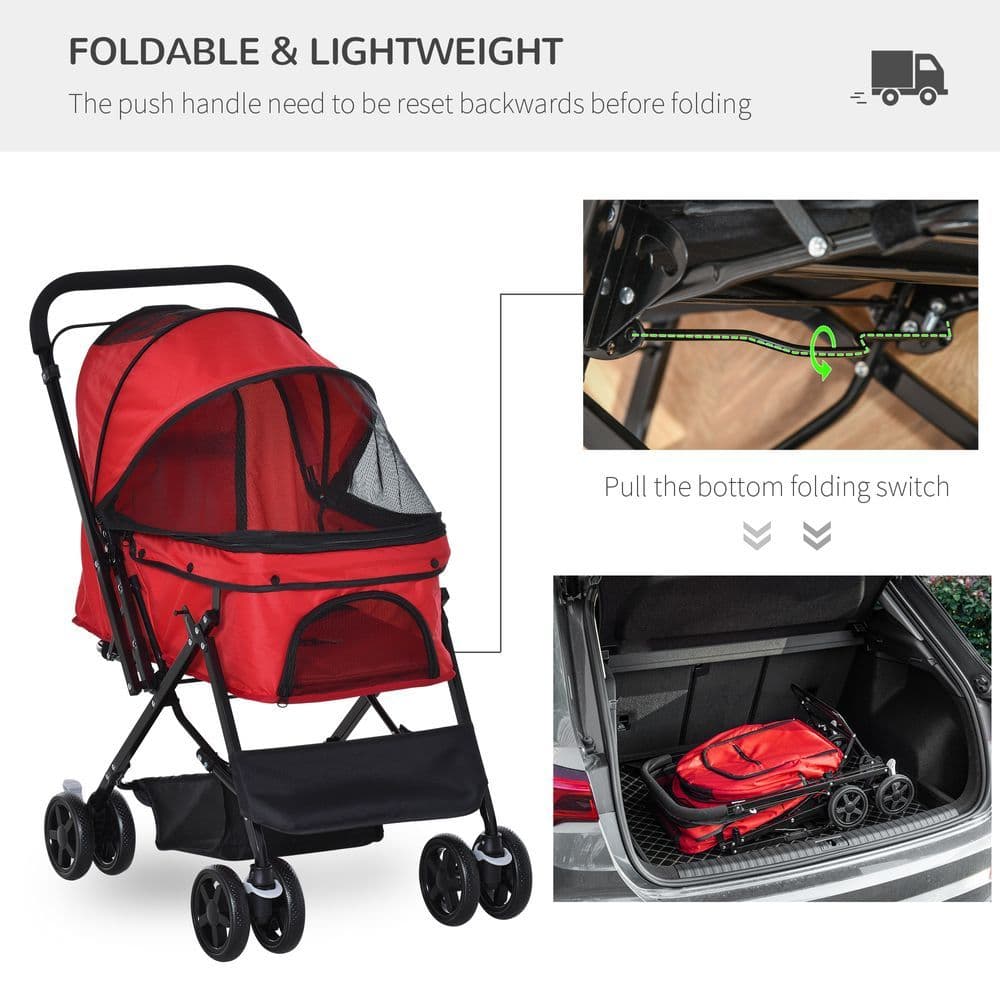 image-Pet Stroller Foldable Travel Dog Cat Carriage w/ Reversible Handle Brake Basket