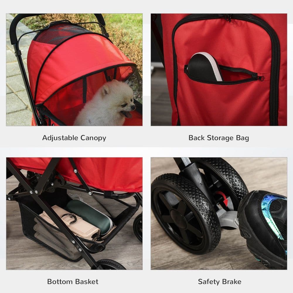 image-Pet Stroller Foldable Travel Dog Cat Carriage w/ Reversible Handle Brake Basket