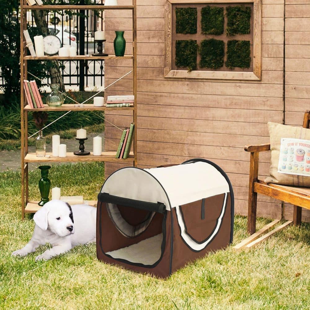 image-Folding Fabric Soft Pet Crate Dog Cat Travel Carrier Cage Kennel House Brown