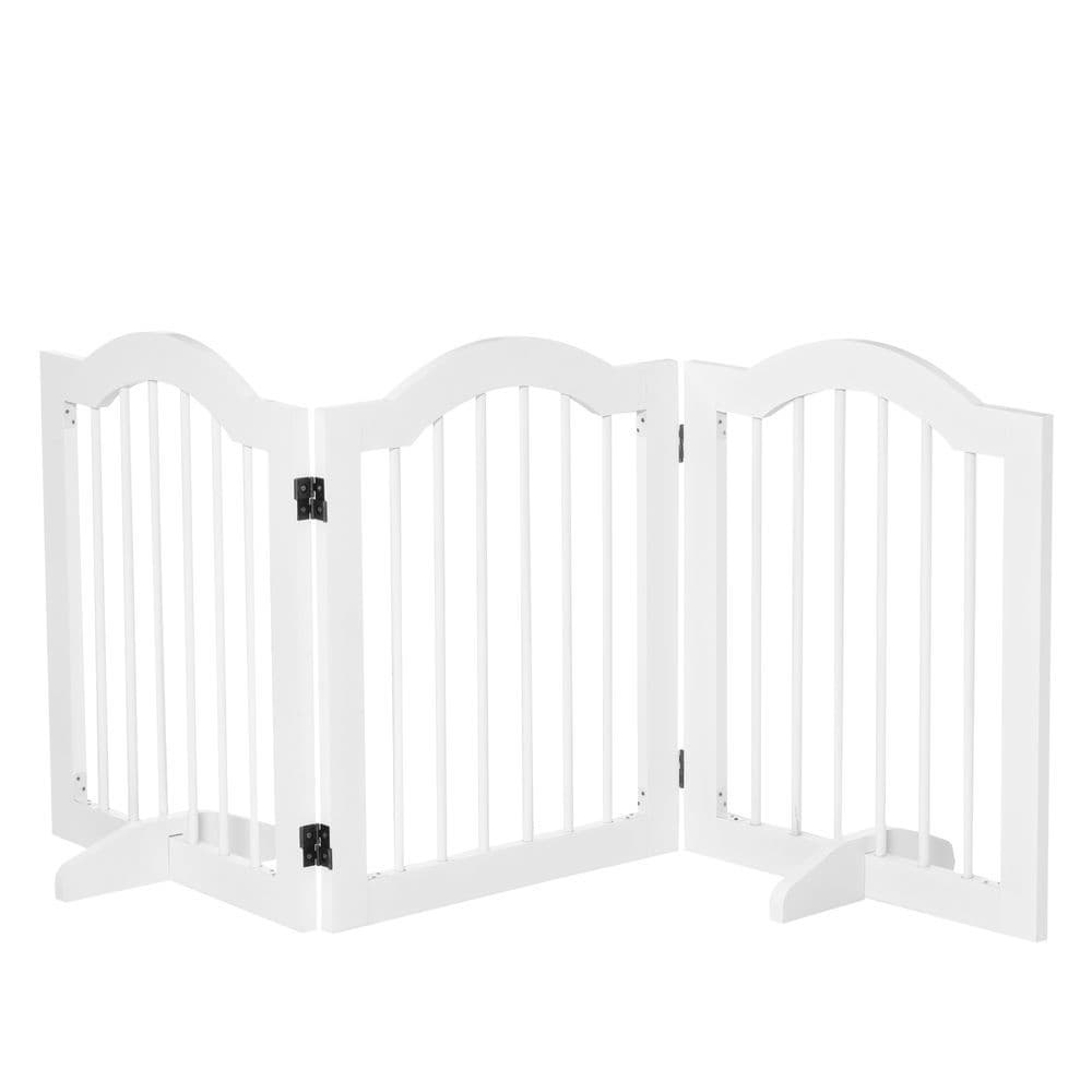 image-3 Panels Dog Gate w/ Support Feet Fence Safety Barrier Freestanding Wood White