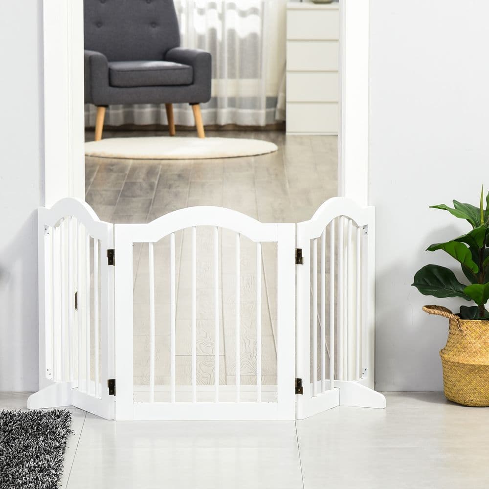 image-3 Panels Dog Gate w/ Support Feet Fence Safety Barrier Freestanding Wood White