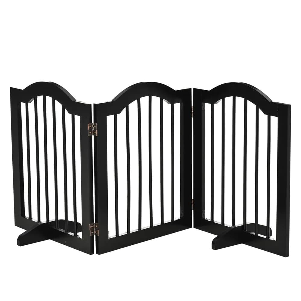 image-3 Panels Dog Gate w/ Support Feet Fence Safety Barrier Freestanding Wood Black
