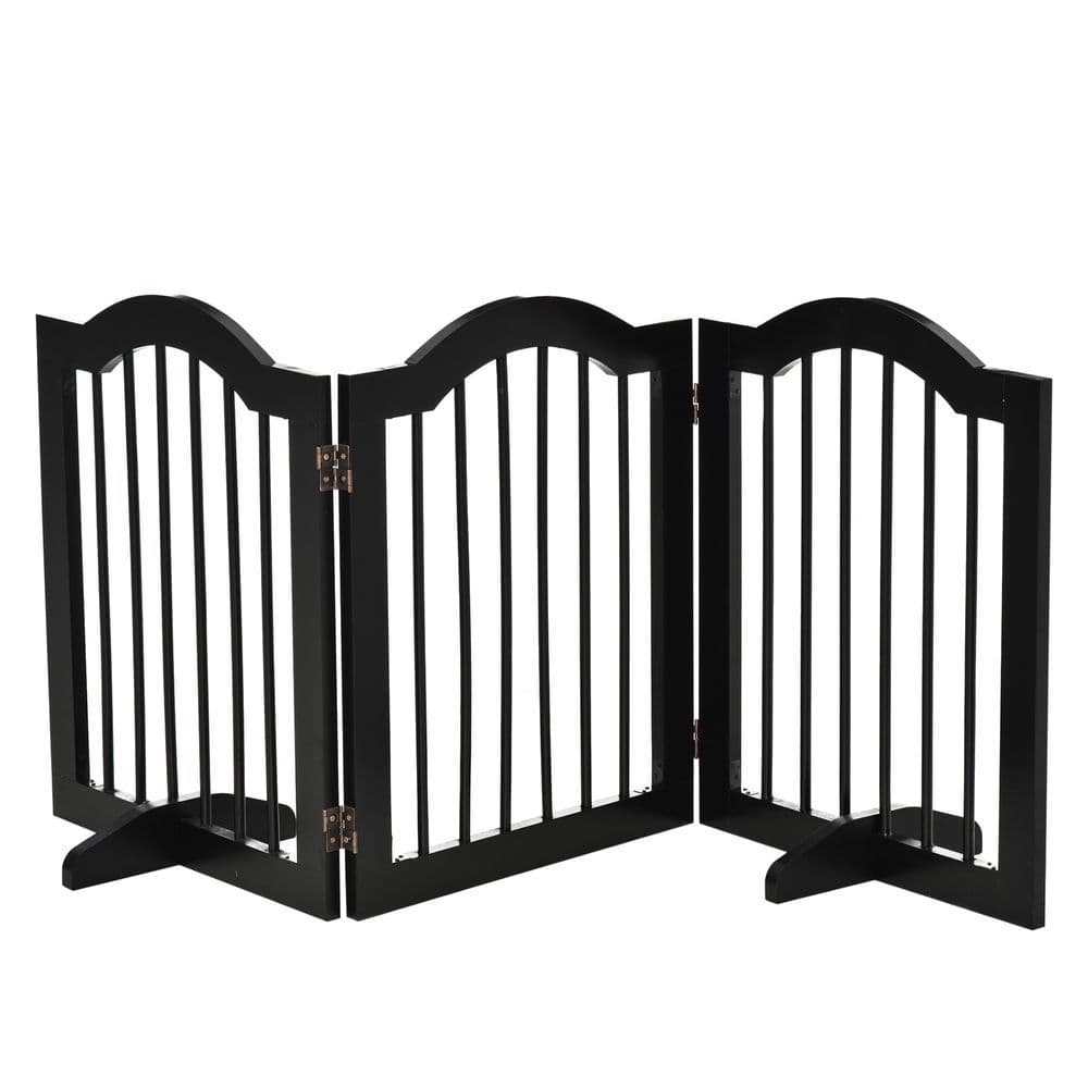 image-3 Panels Dog Gate w/ Support Feet Fence Safety Barrier Freestanding Wood Black
