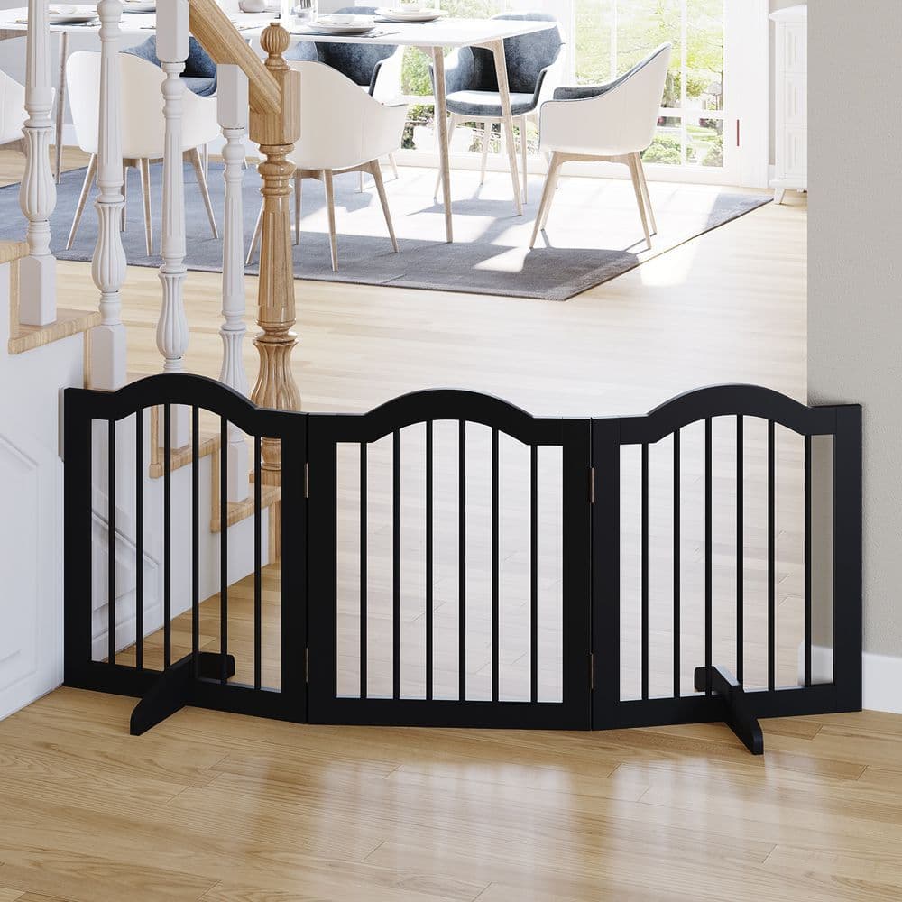 image-3 Panels Dog Gate w/ Support Feet Fence Safety Barrier Freestanding Wood Black