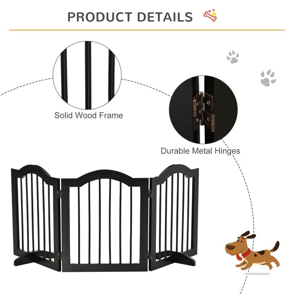 image-3 Panels Dog Gate w/ Support Feet Fence Safety Barrier Freestanding Wood Black