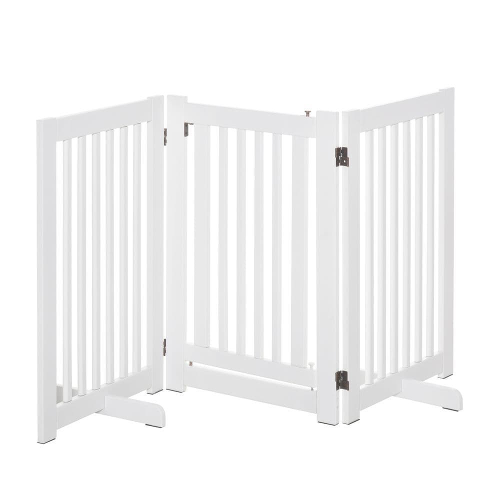 image-MDF Dog Gate Step over Panel Fence Expandable Folding w/Latch Support Feet White