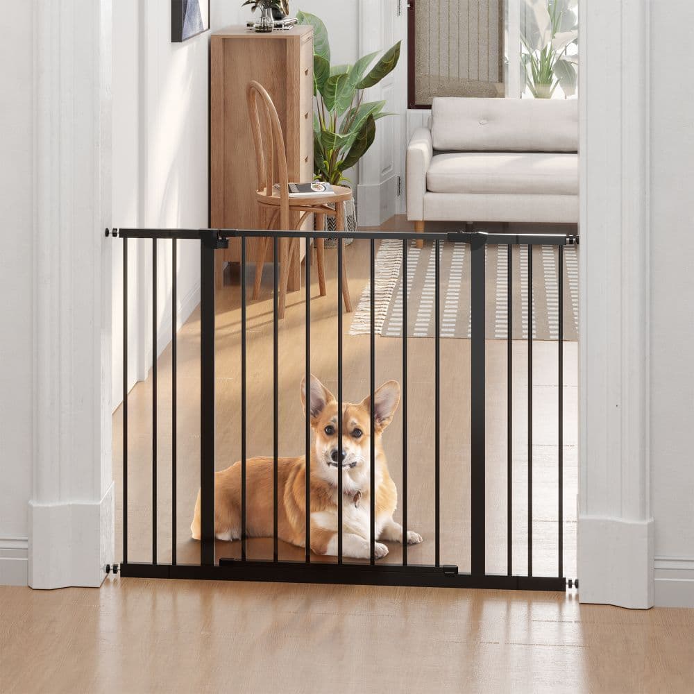 image-Pressure Fit Dog Gate Pet Barrier for stairs doorway, 76-107cm Width Black