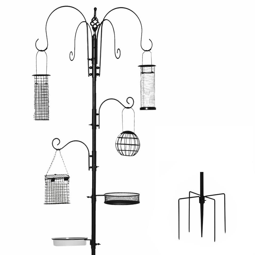image-Bird Feeding Station Kit Wild Bird Feeder Pole w/ 6 Hooks 4 Hanging Feeders