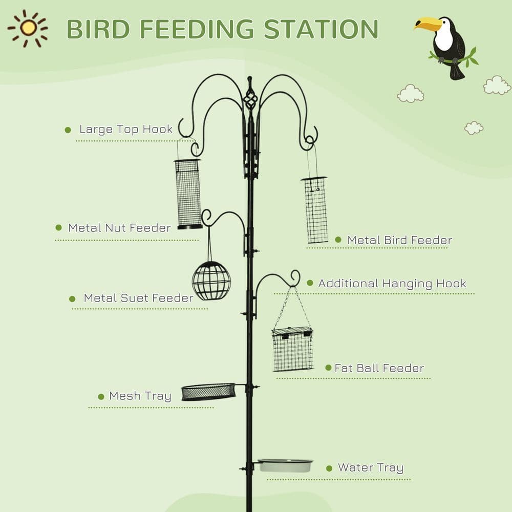 image-Bird Feeding Station Kit Wild Bird Feeder Pole w/ 6 Hooks 4 Hanging Feeders