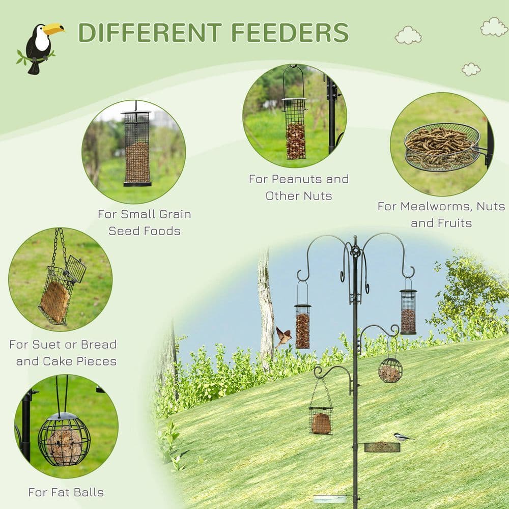 image-Bird Feeding Station Kit Wild Bird Feeder Pole w/ 6 Hooks 4 Hanging Feeders