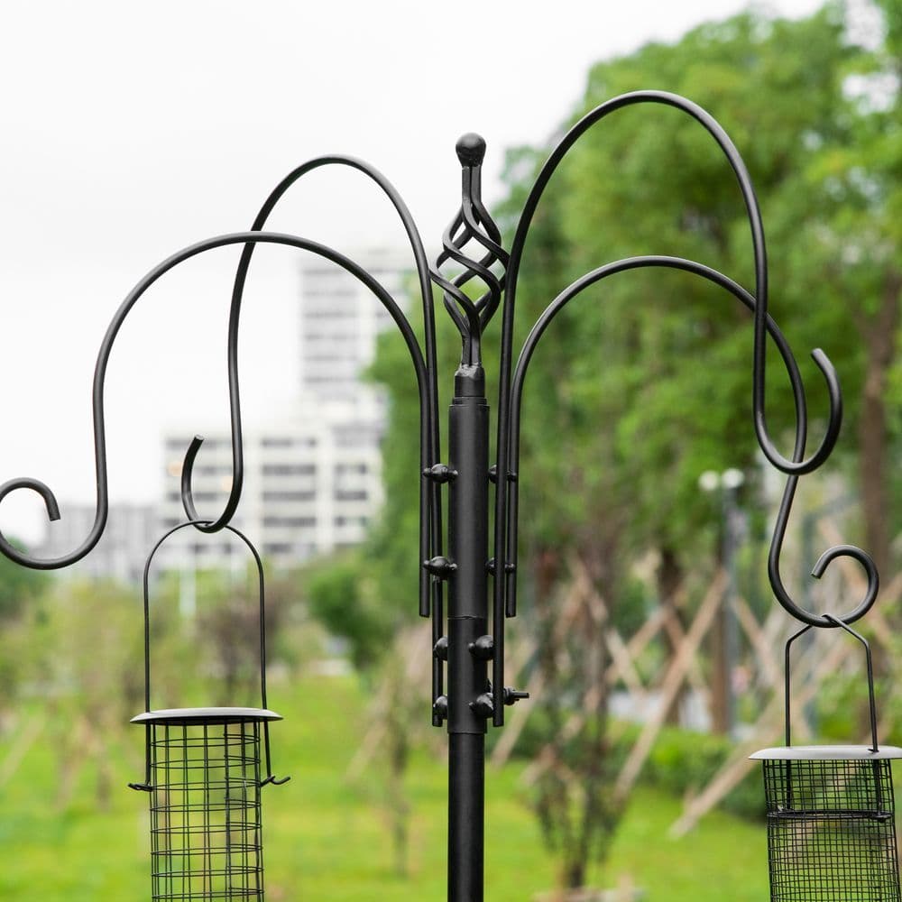 image-Bird Feeding Station Kit Wild Bird Feeder Pole w/ 6 Hooks 4 Hanging Feeders
